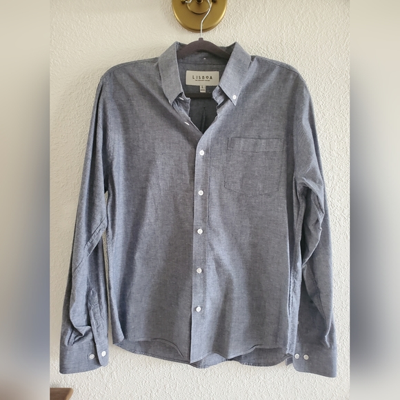 LISBOA Organic Cotton Shirt Men's Large Donegal Portugeuse Button Up Blue/Grey - Picture 1 of 12